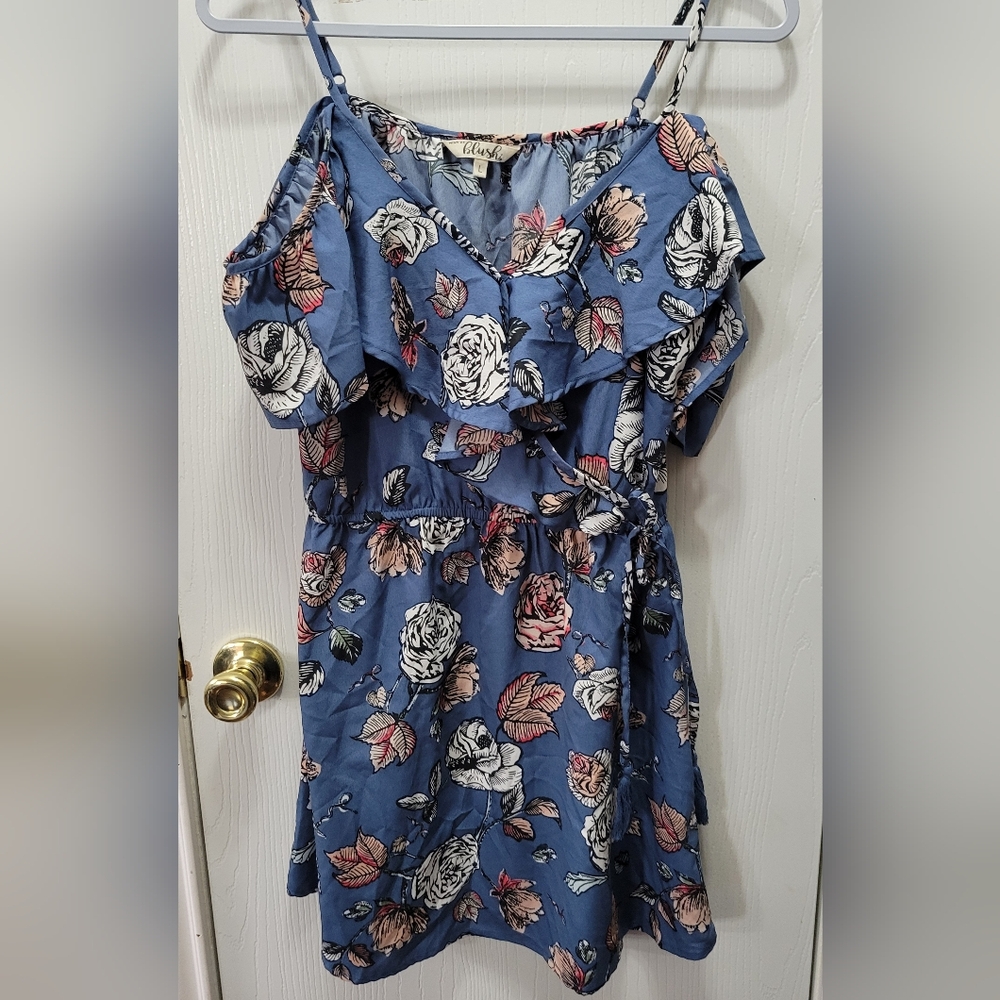 Blue Floral Off-Shoulder Mini Dress - Picture 2 of 10